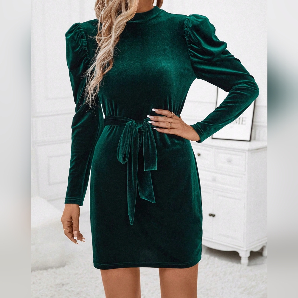 Mock Neck Puff Sleeve Belted Velvet Dress - Picture 2 of 5